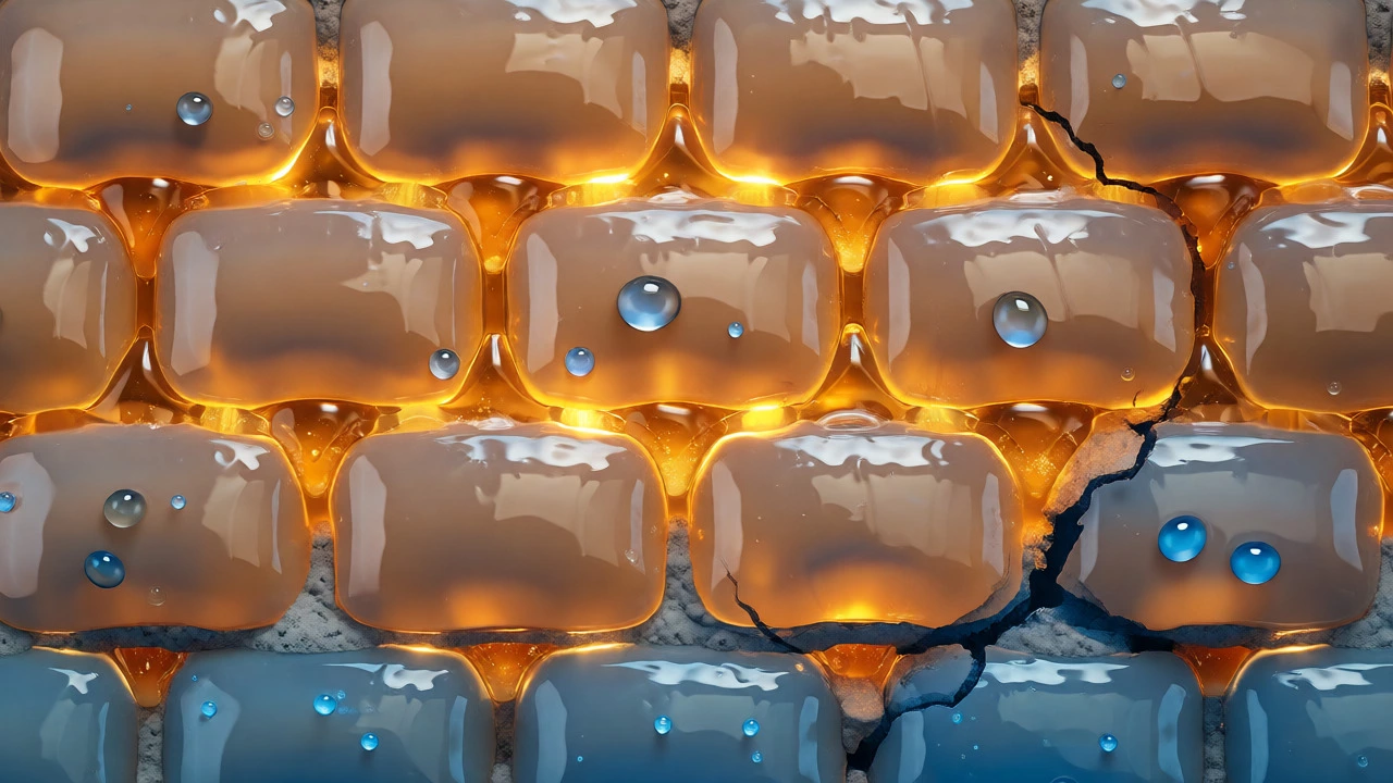 Macro view of skin cells as bricks with golden ceramide lipids sealing gaps to prevent moisture loss.