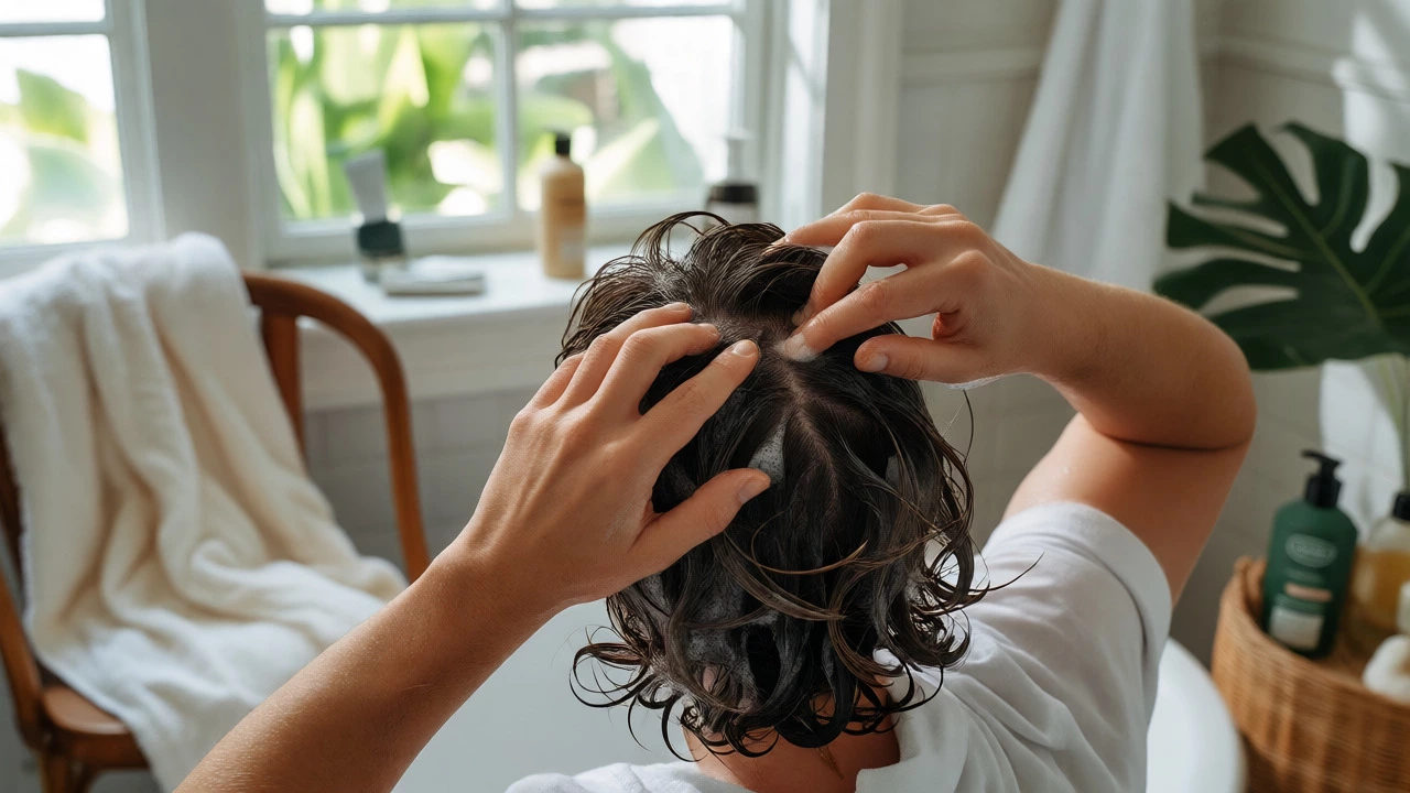 Person massaging shampoo into scalp during a gentle hair wash routine