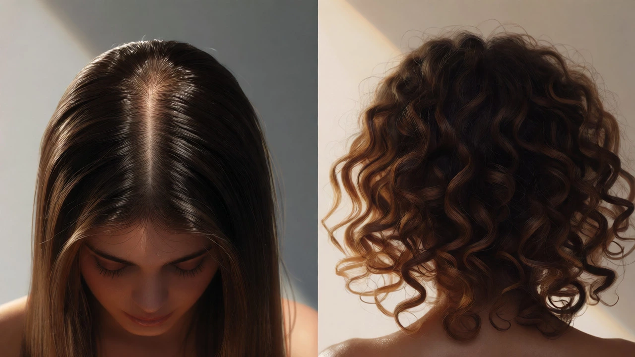Side-by-side comparison of fine straight and thick curly hair textures