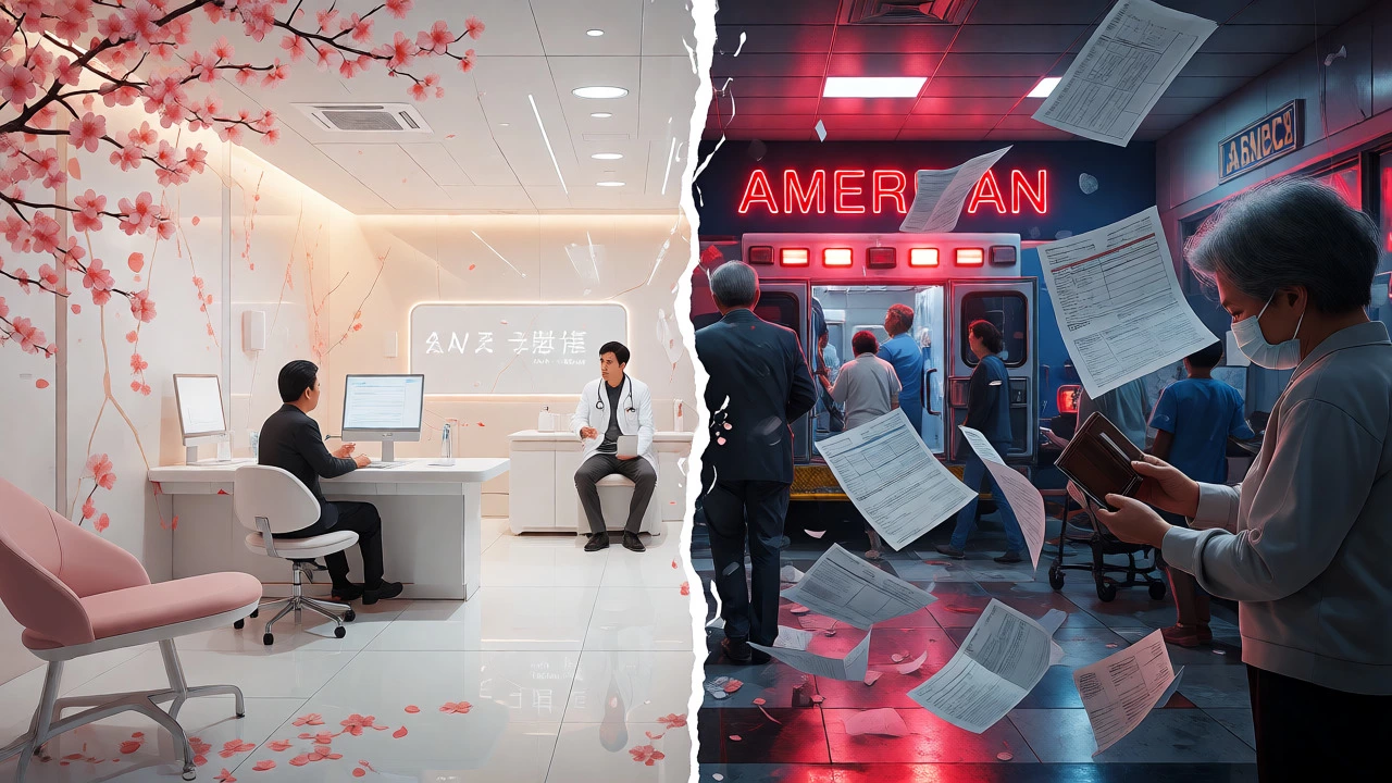 Split-screen comparison of a calm Japanese clinic and a chaotic US ER.