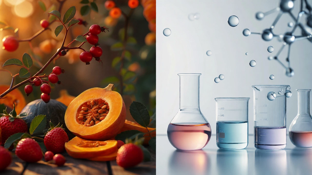 Split view comparing fresh botanical ingredients with laboratory chemical elements
