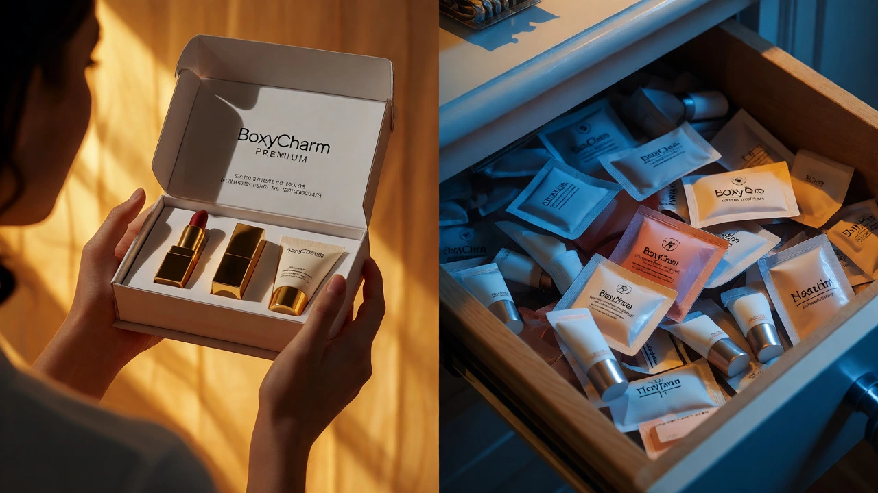 Split view comparing luxury beauty box contents against a drawer of unused samples