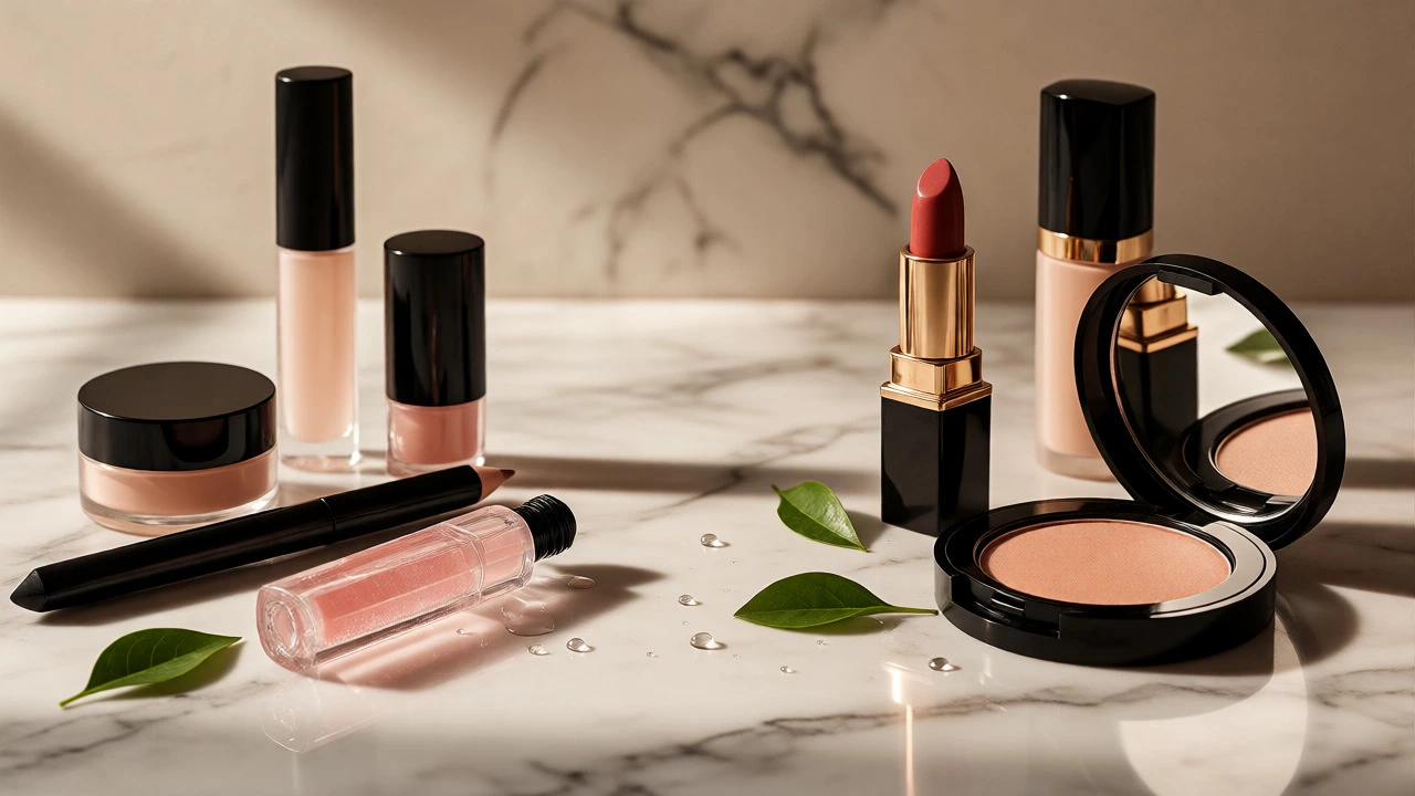 Still life of mixed drugstore and luxury makeup products on marble.