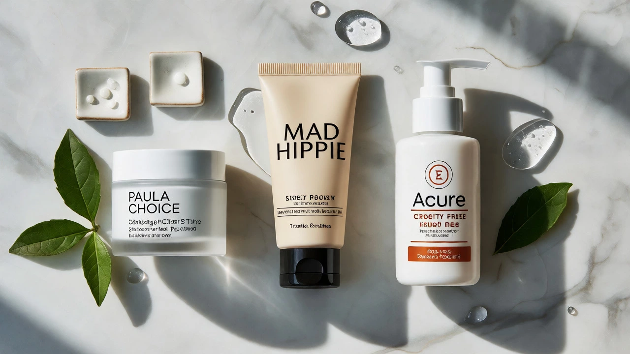 Three cruelty-free skincare alternative bottles arranged on a marble surface with natural elements.