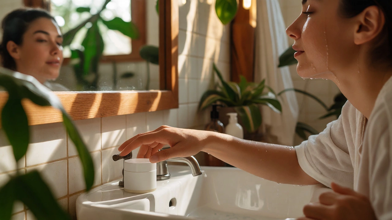 Woman applying moisturizer to damp skin at a bathroom sink during her morning skincare routine.
